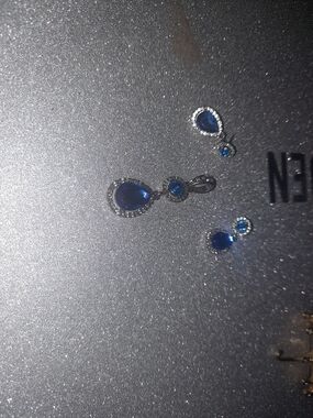 Silver Drop Necklace and Earring Set with Deep Blue Stones